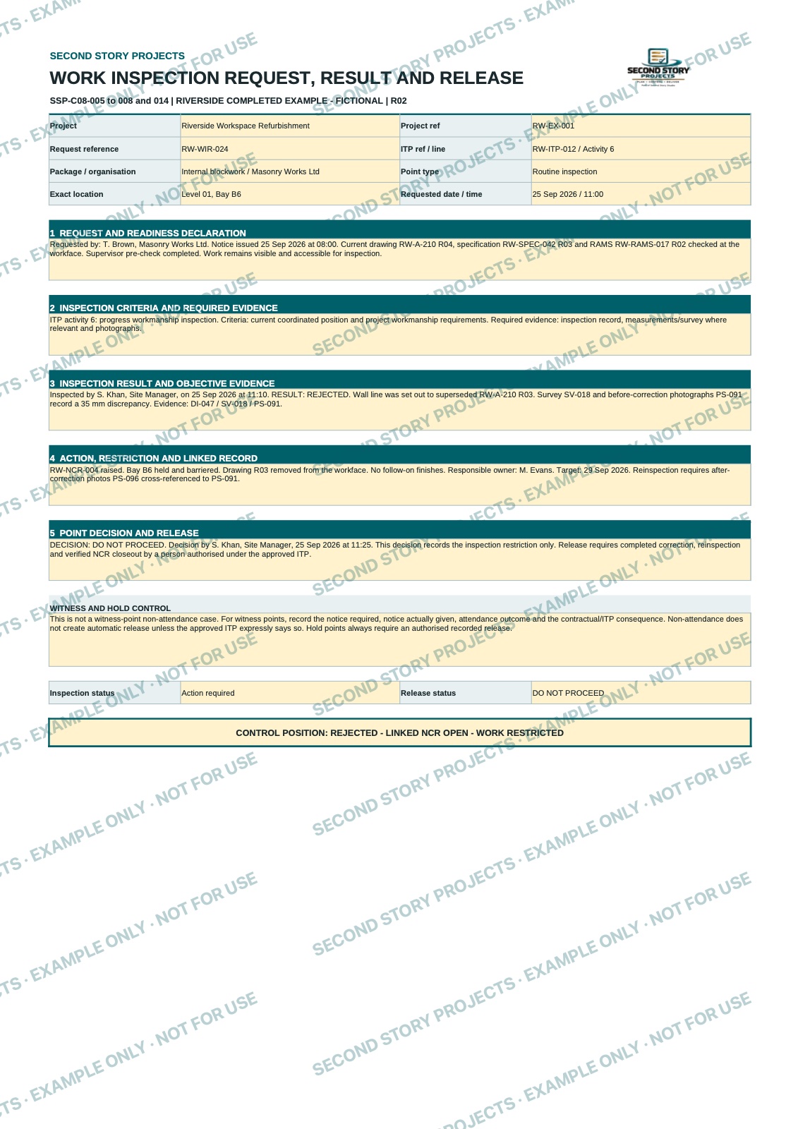 Inspection request, result and release — watermarked example