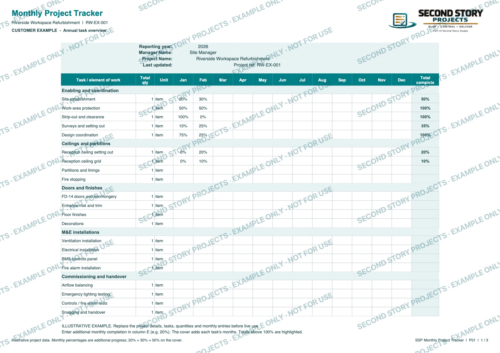 Monthly project tracker — watermarked example