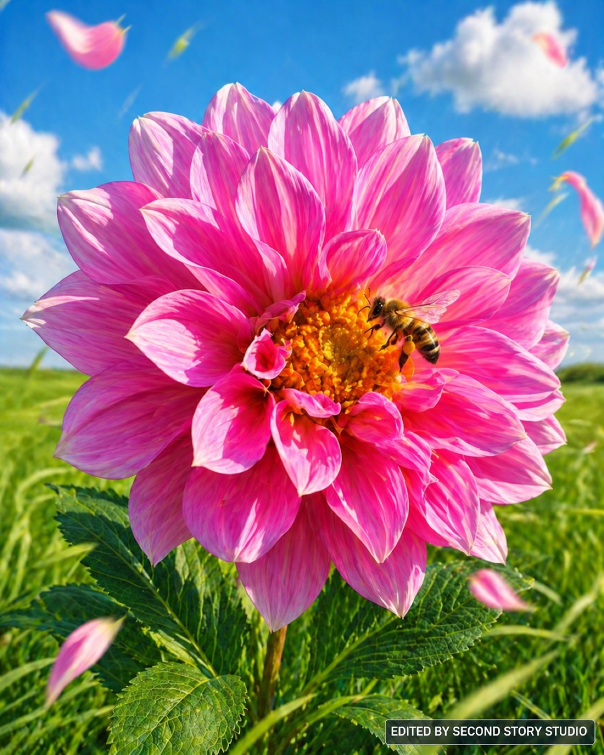 Studio-developed artwork of Louise's flower with a bee and drifting petals
