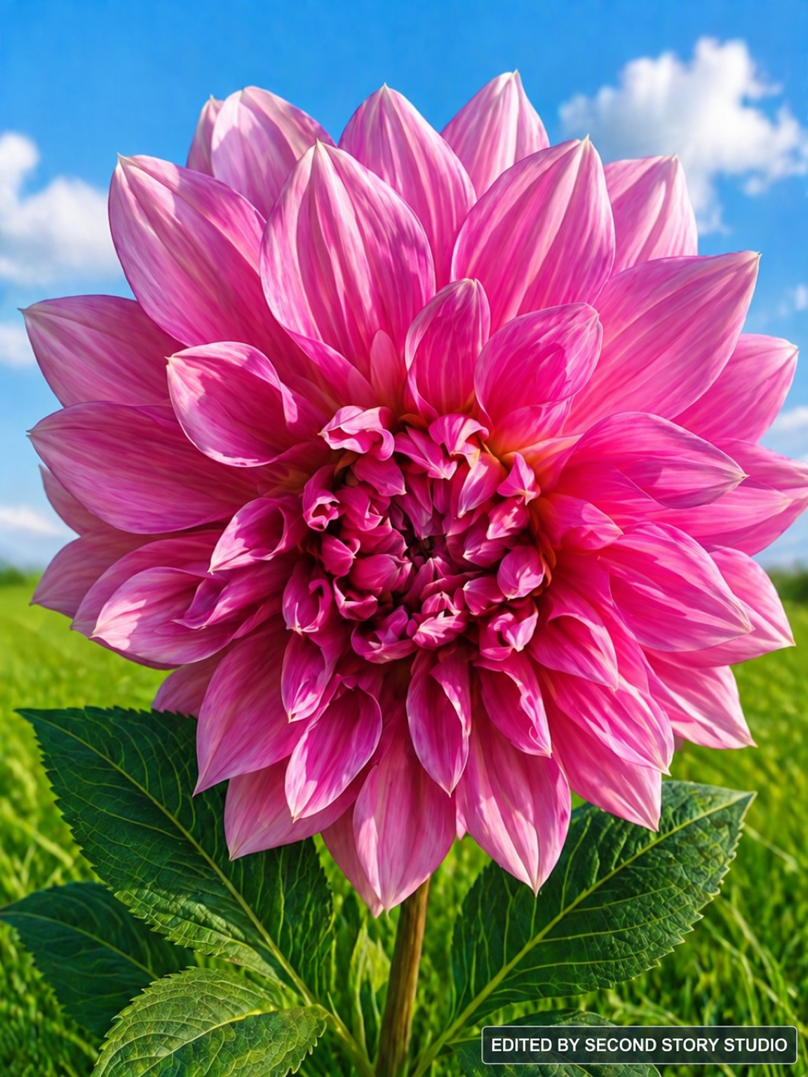 Studio-developed artwork placing Louise's pink flower in a bright countryside scene