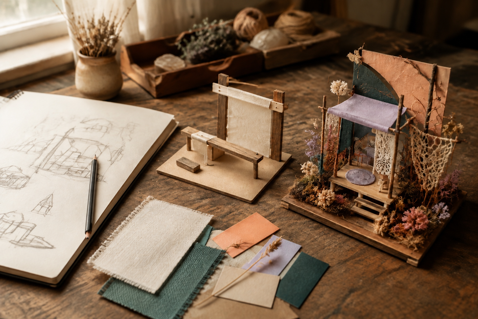 A Second Story Studio image showing a sketch developing into simple and more detailed handmade models