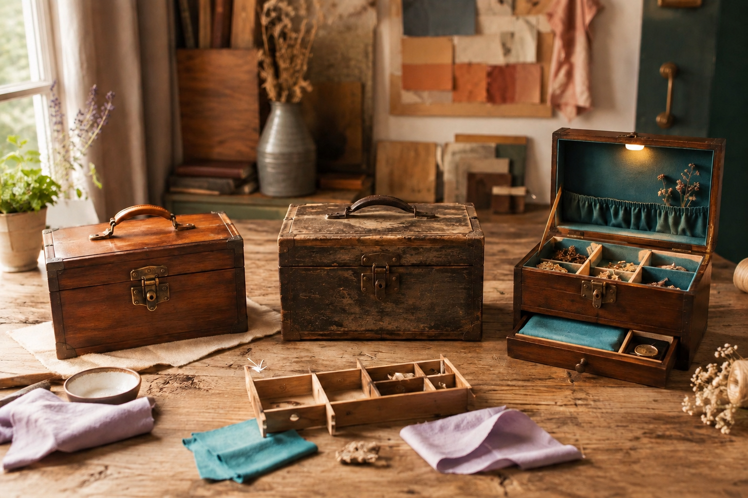 A Second Story Studio image showing a worn wooden box beside simple restoration and imaginative keepsake-box directions