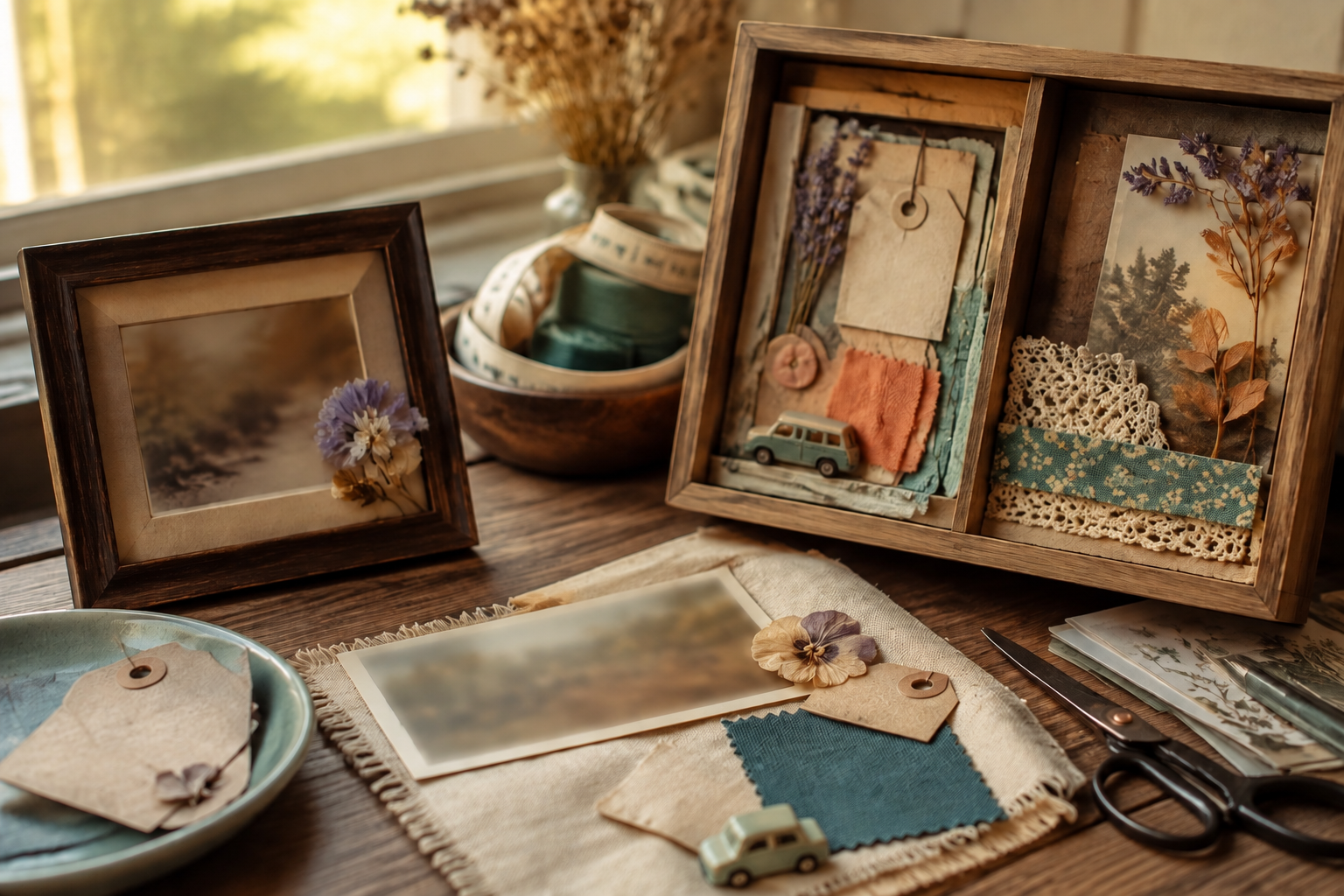 A Second Story Studio image showing a restrained framed keepsake and a layered memory box with fabric, flowers and a tiny vehicle