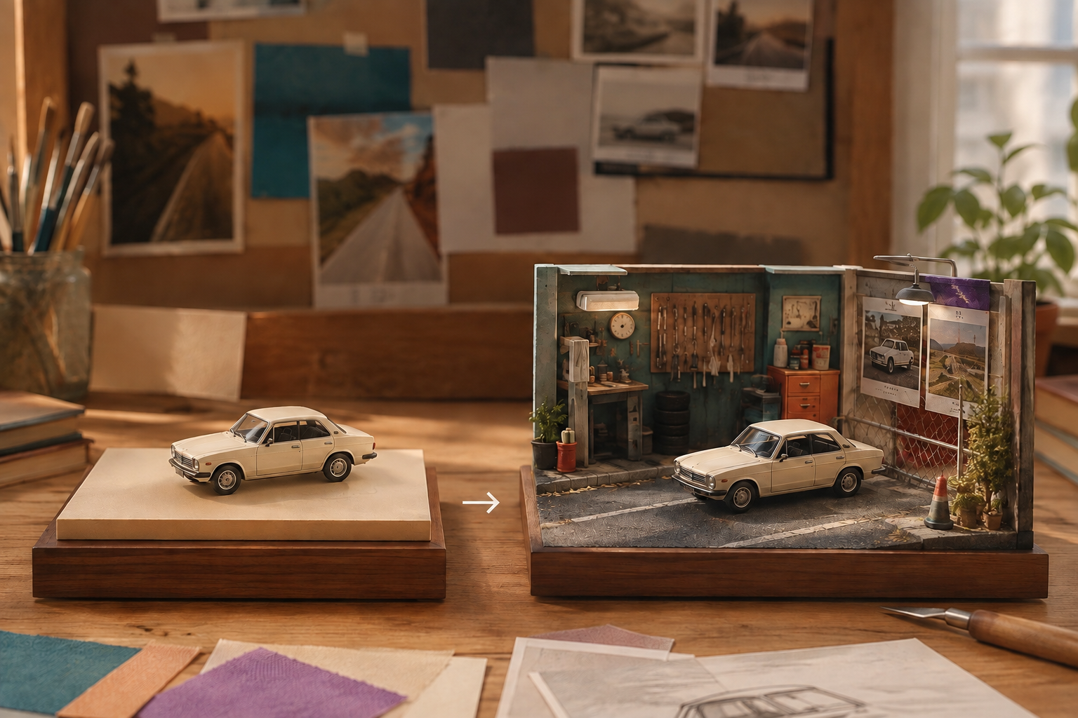 A model car shown as a simple display and developed into a personal miniature garage scene