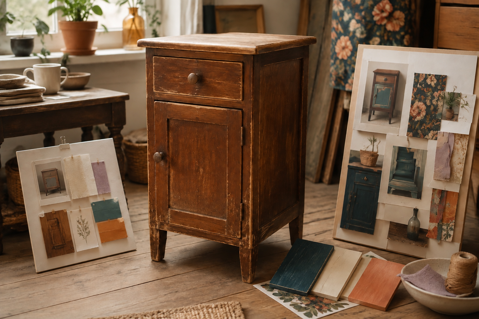 A Second Story Studio image showing a vintage cabinet with restrained and more expressive reimagining studies