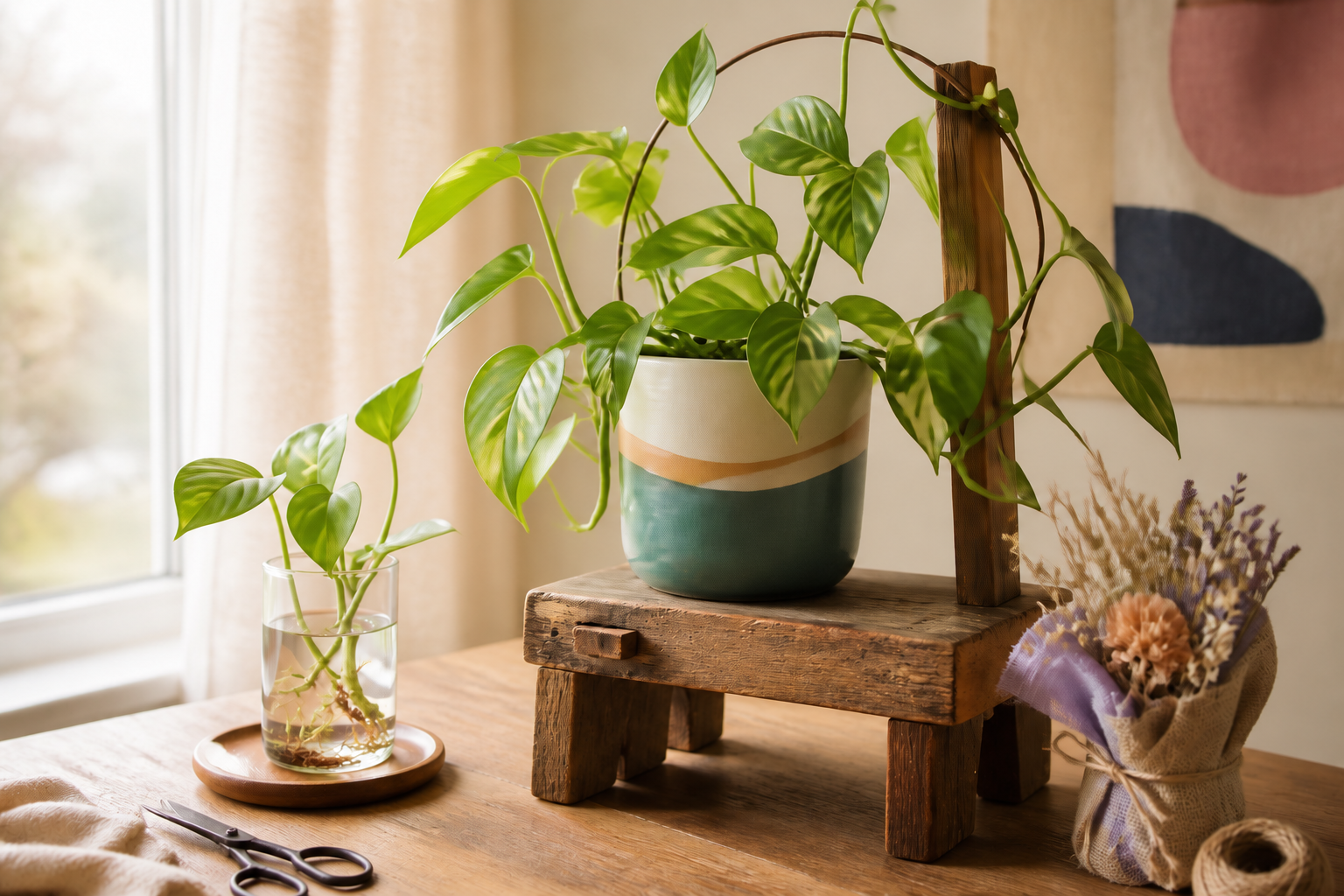 A Second Story Studio image showing a plant cutting, an established plant, a reclaimed stand and gift presentation