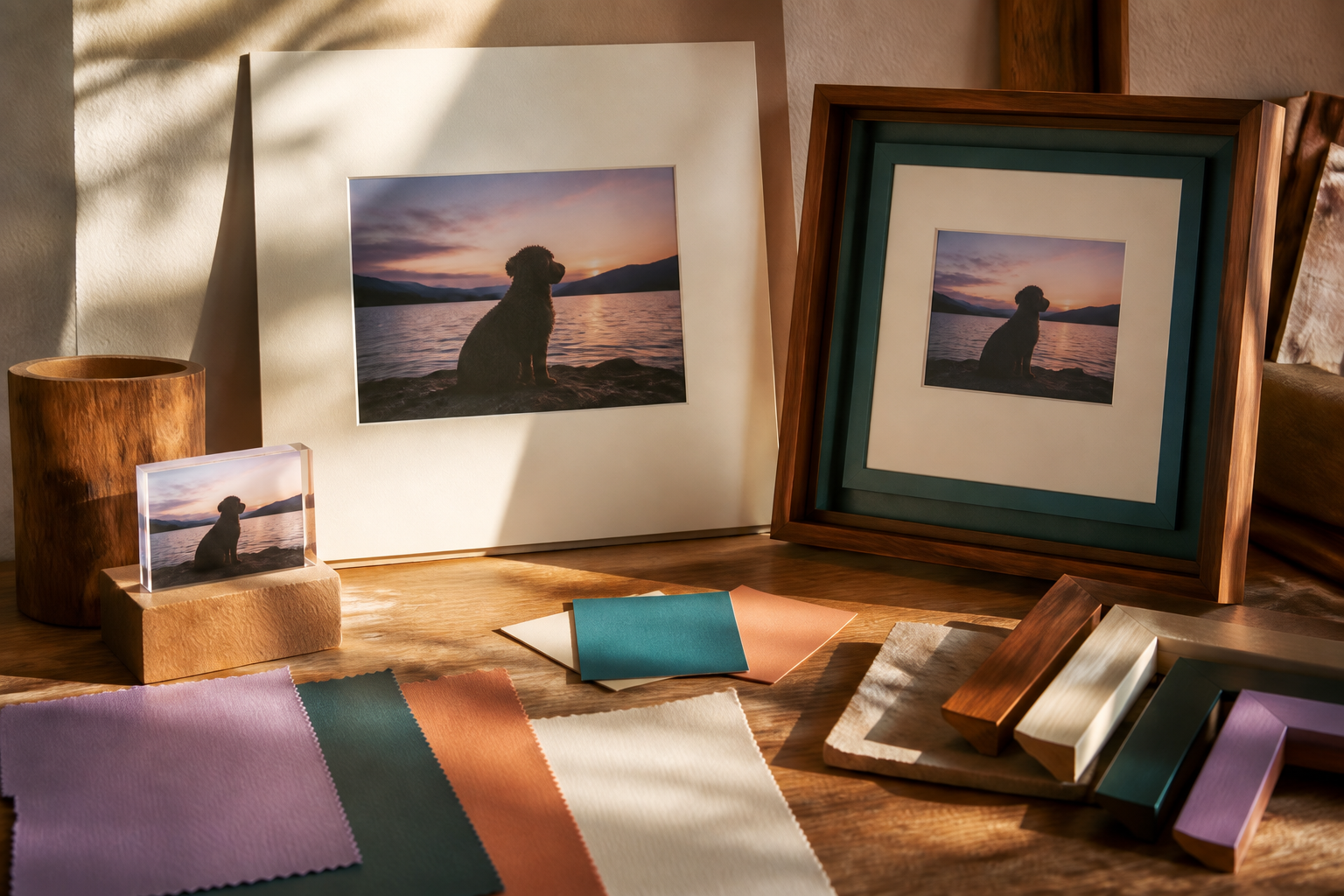 A Second Story Studio image showing one pet photograph explored as a print, framed image and small display object