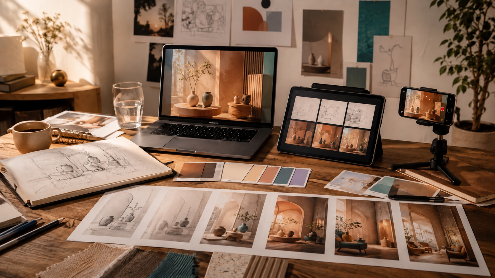 A Second Story Studio image showing a sketch developed into still images, a storyboard and video frames