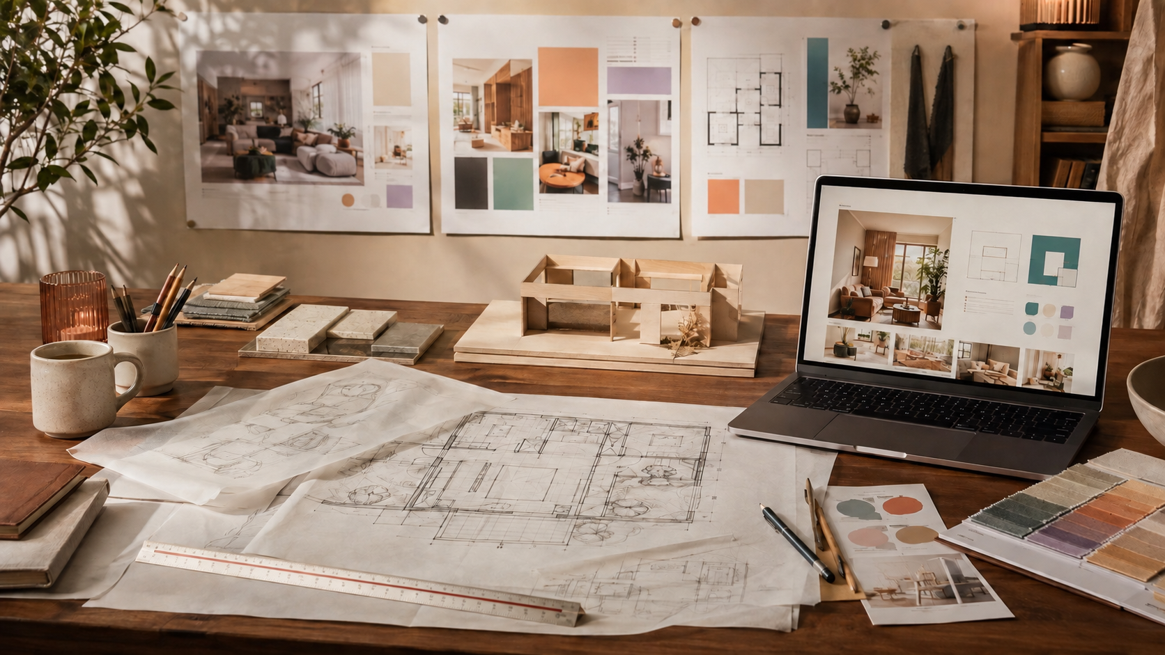 A Second Story Studio image showing plans, layout studies, a small model and presentation pages