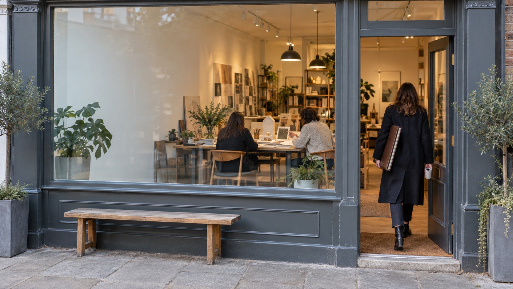 A visitor walking into Second Story Studio with a large portfolio while collaborators work together through the studio window