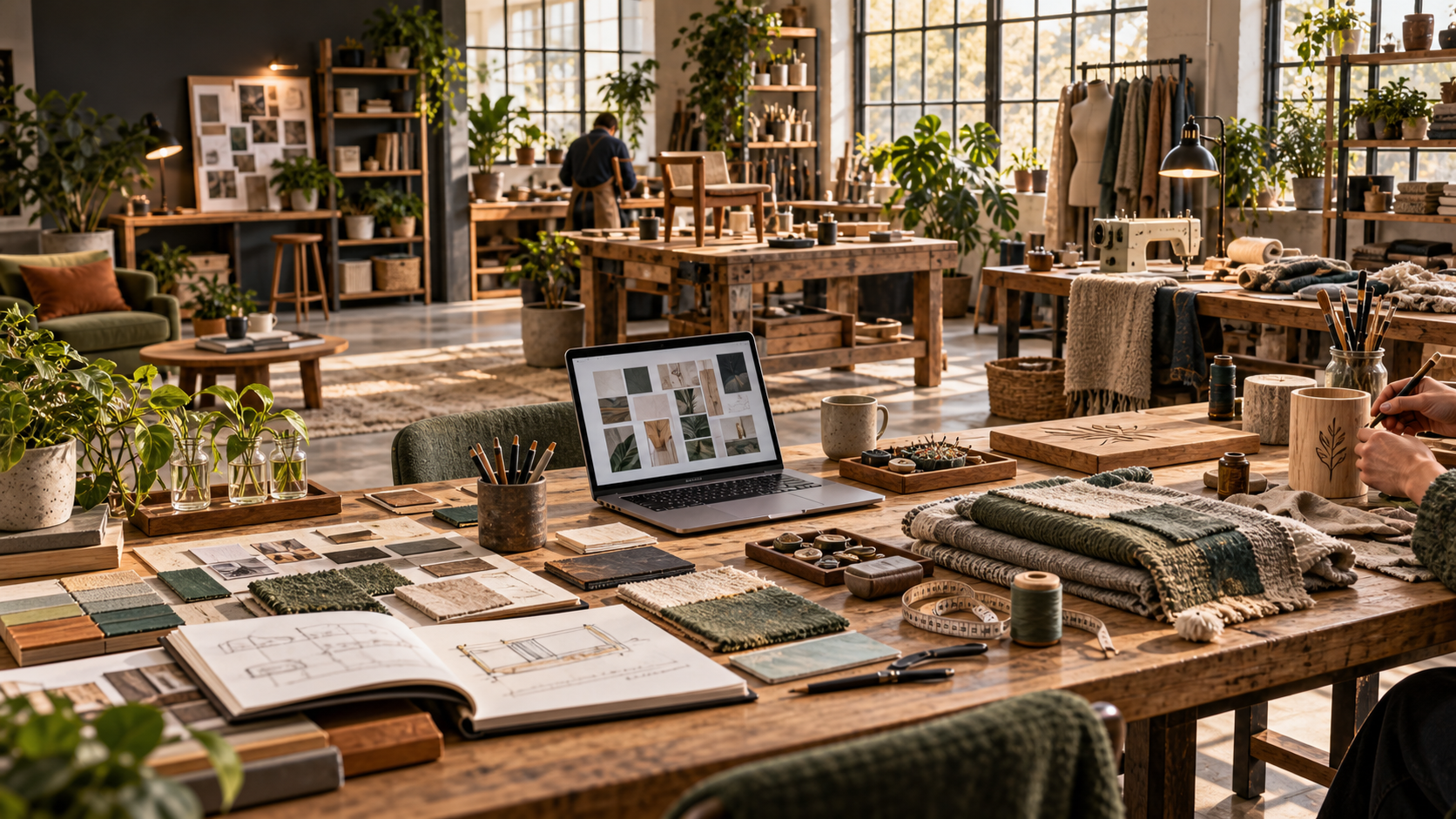 A connected creative workbench with design work, digital presentation, textiles, repair, personalisation and planting