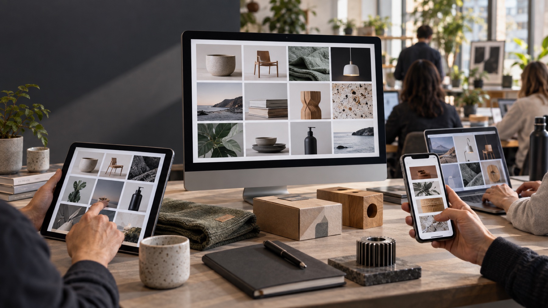 An online market being explored across desktop, tablet and phone, with distinct independent business spaces and varied products
