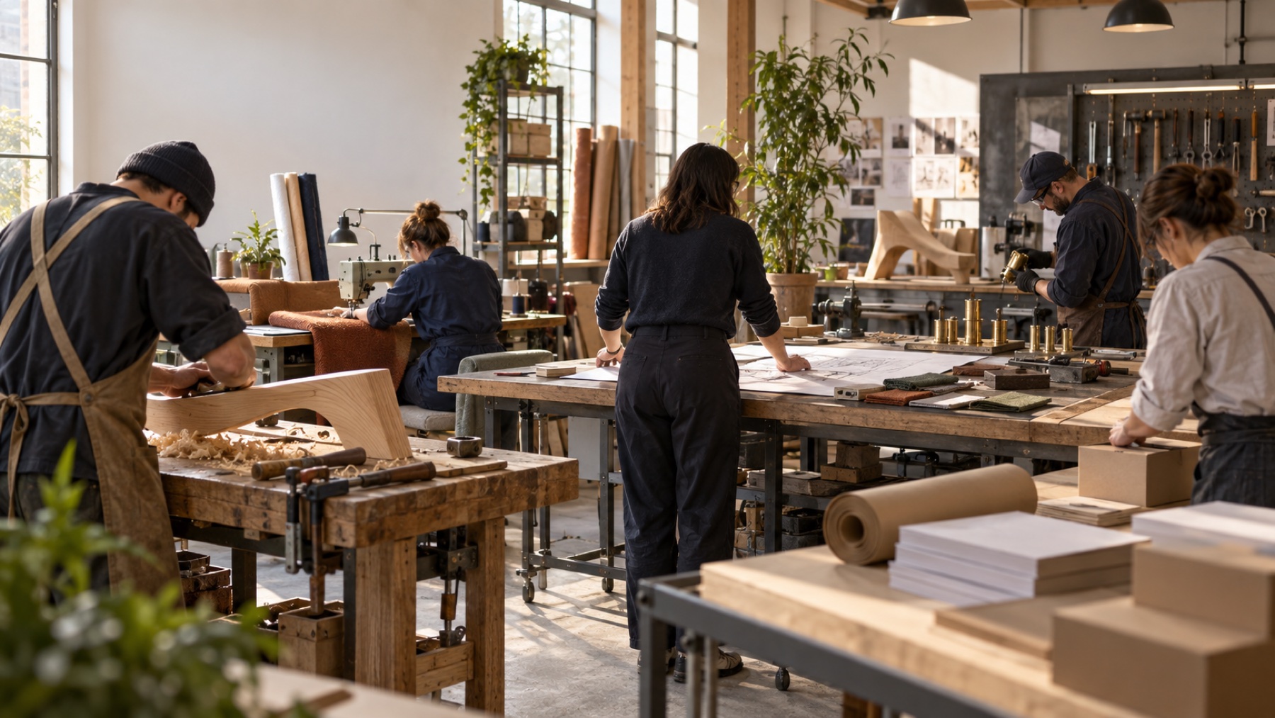 Outside specialists using different skills in a busy shared workshop while one project is coordinated through Second Story Studio