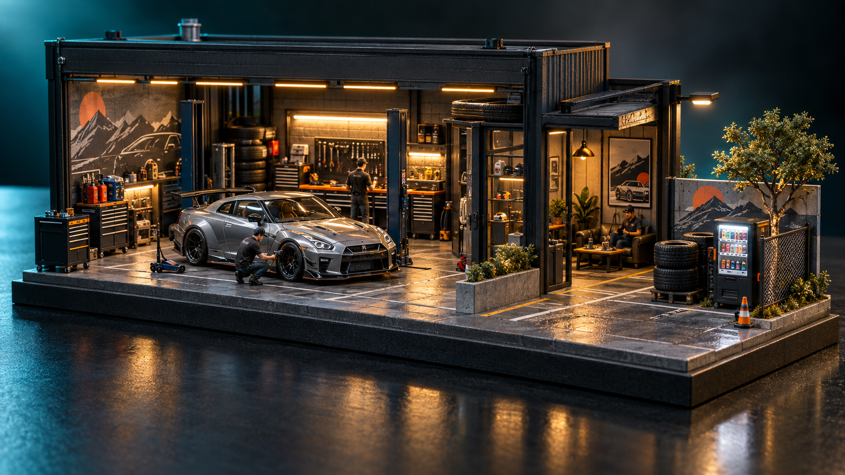 A completed 1:64 automotive miniature world with a detailed performance workshop and forecourt