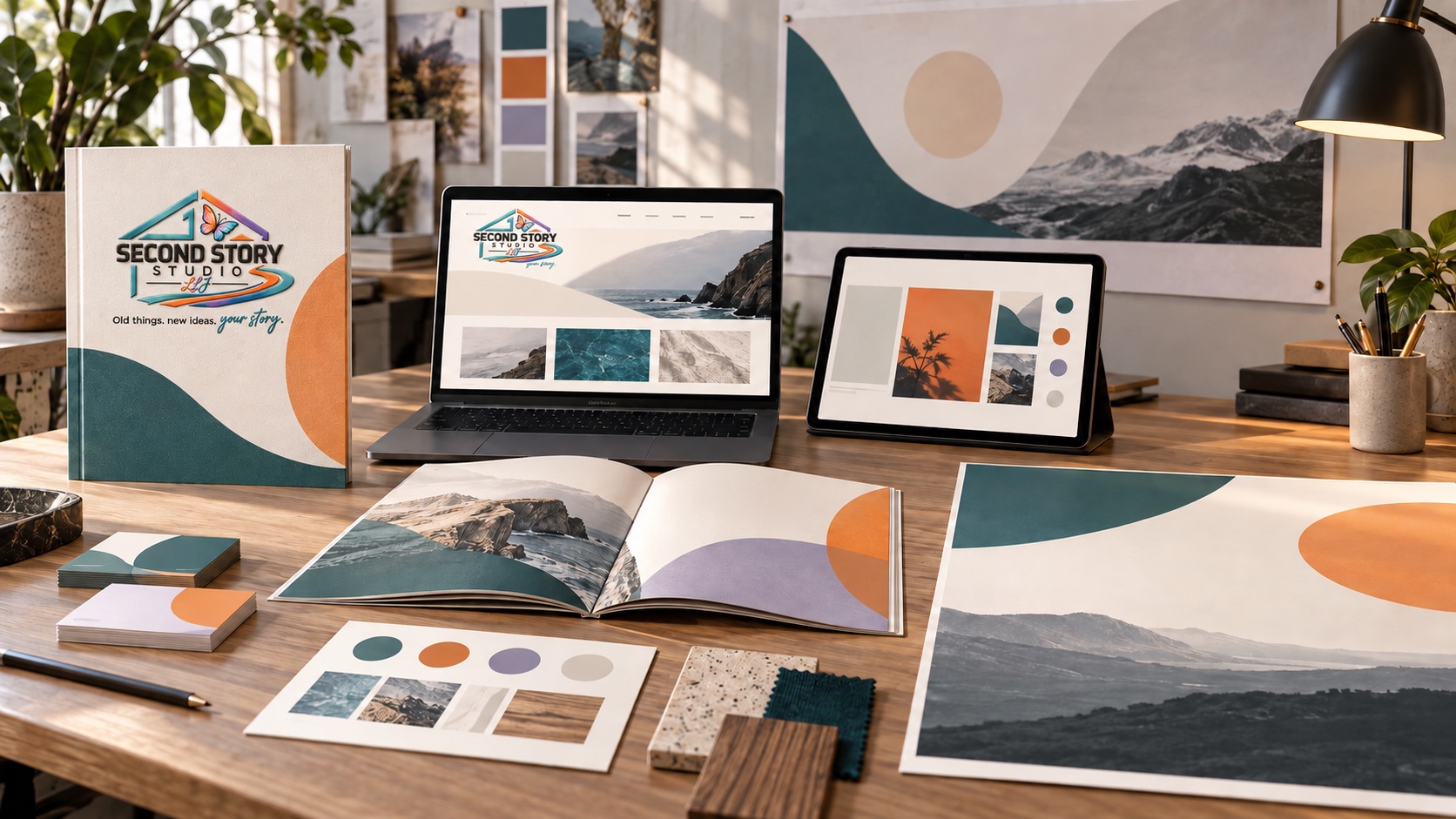 The Second Story Studio identity integrated into a book, documents and a digital screen
