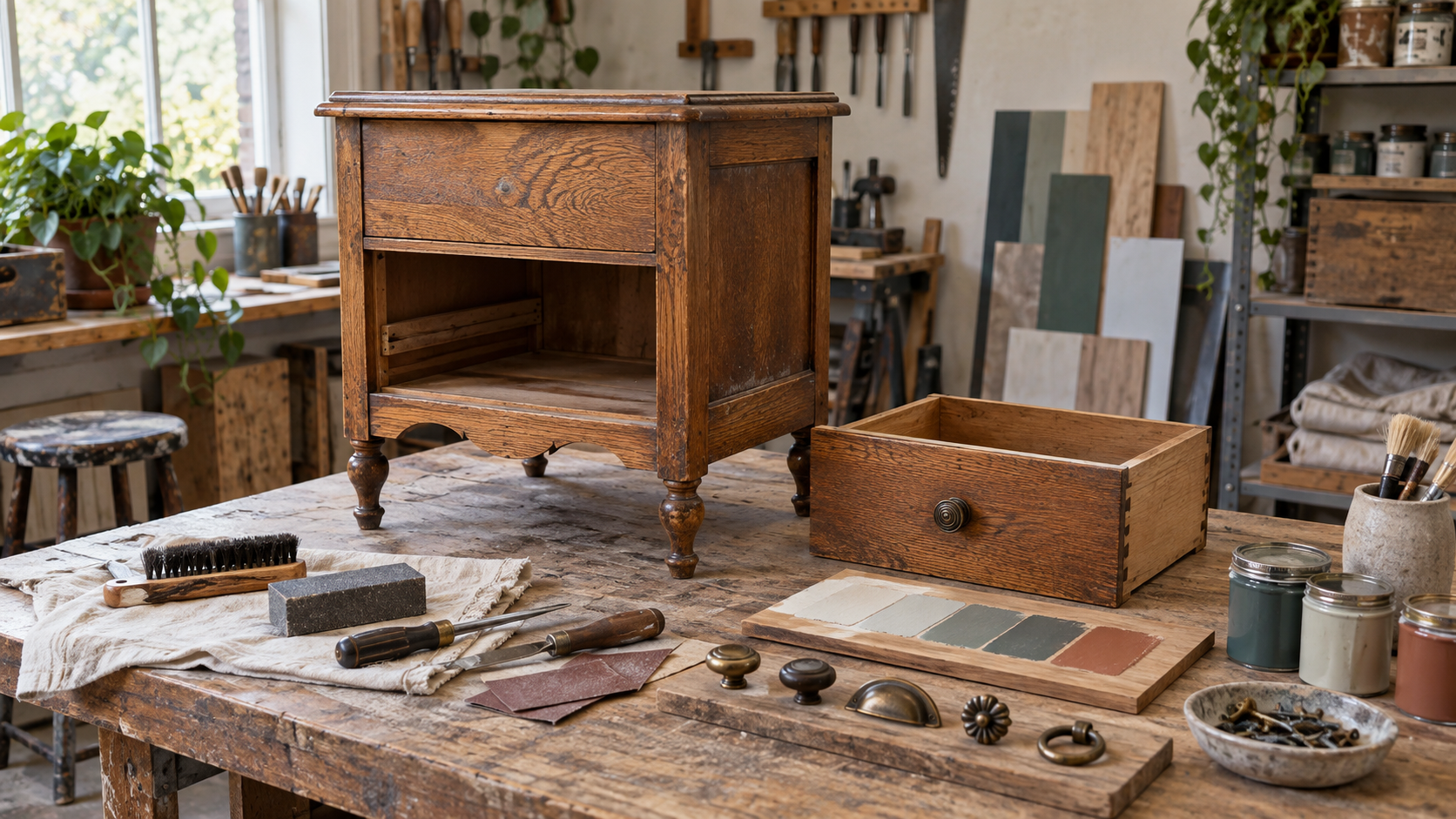 A vintage cabinet being assessed with its drawer, hardware, repair tools and finish samples