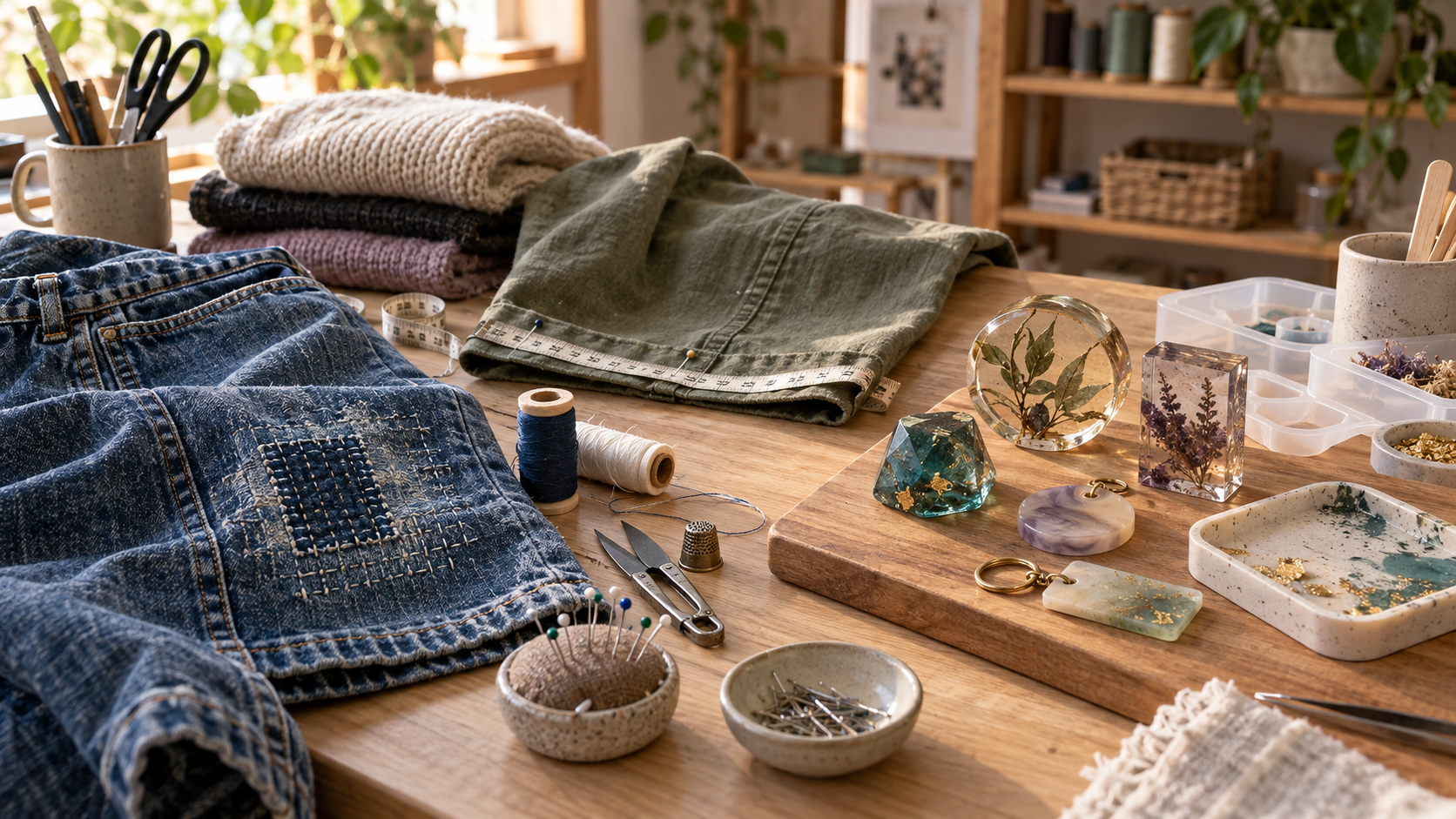 A working bench combining clothing repair, alterations and handmade resin pieces