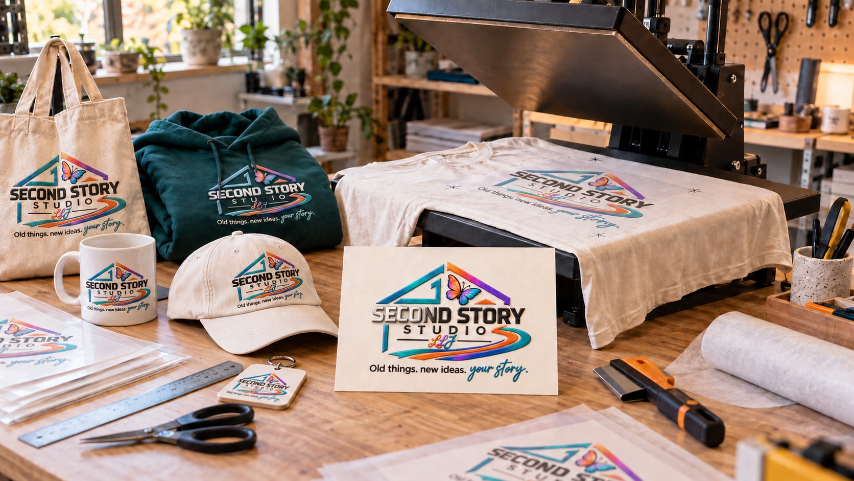 A creative personalisation workbench with branded garments, cap, tote, mug and transfer materials