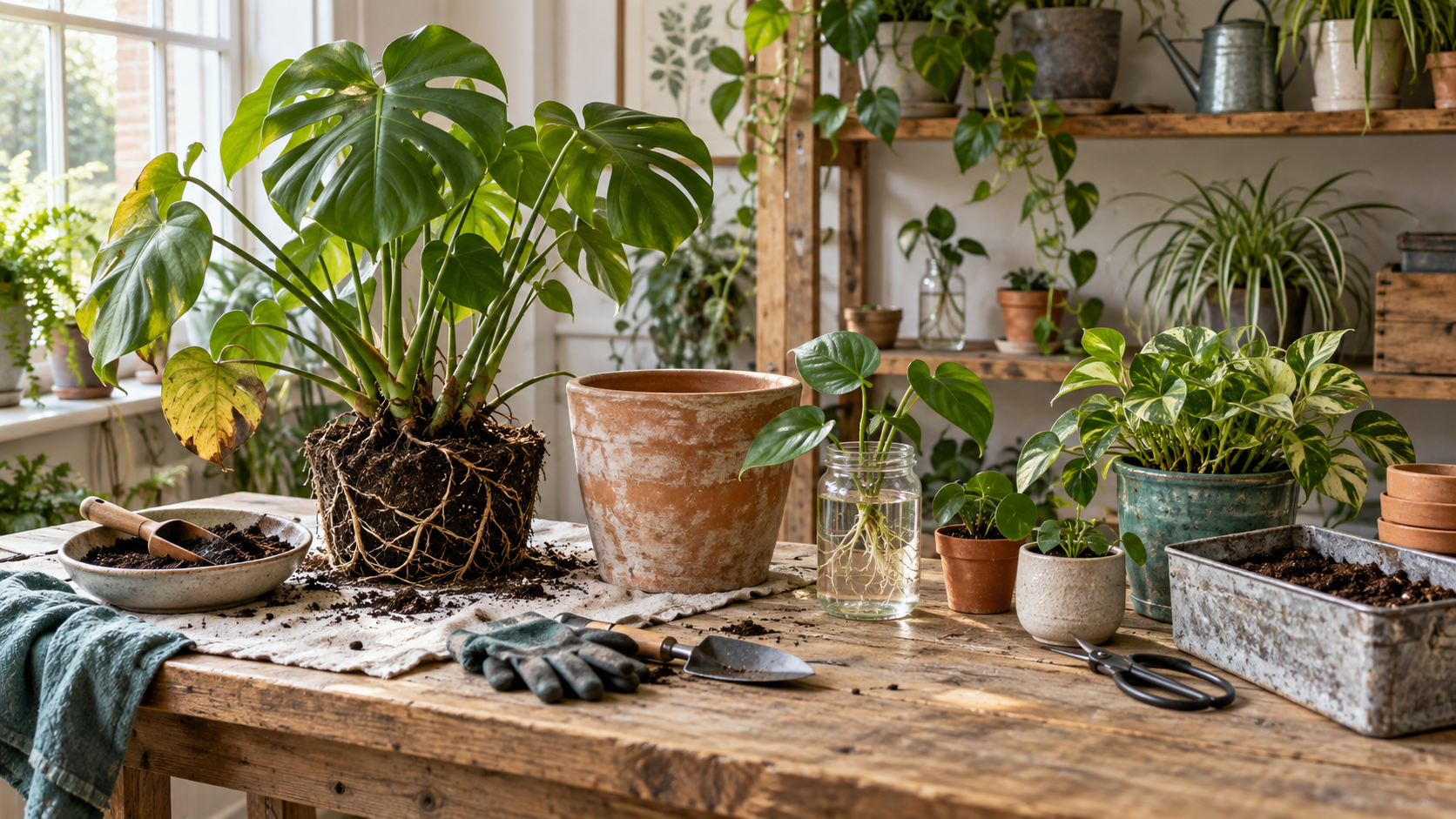 A practical plant rescue, repotting and propagation workspace