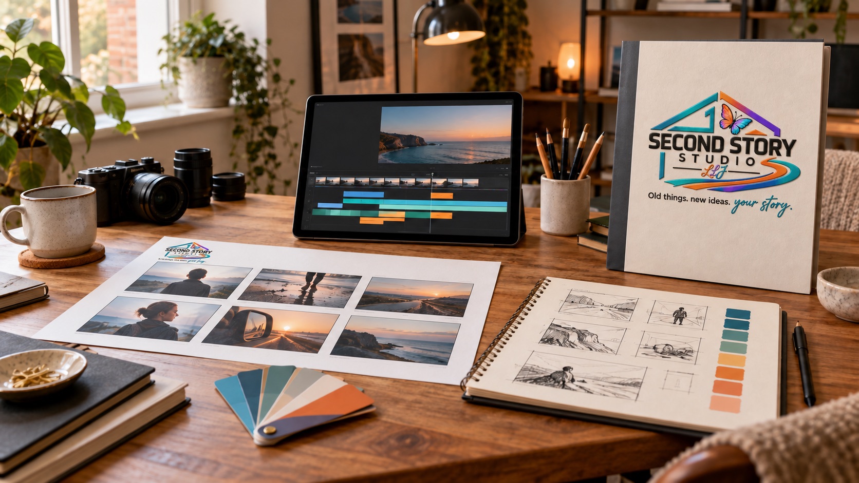 A concept-media workspace with storyboard, visual studies and video editing