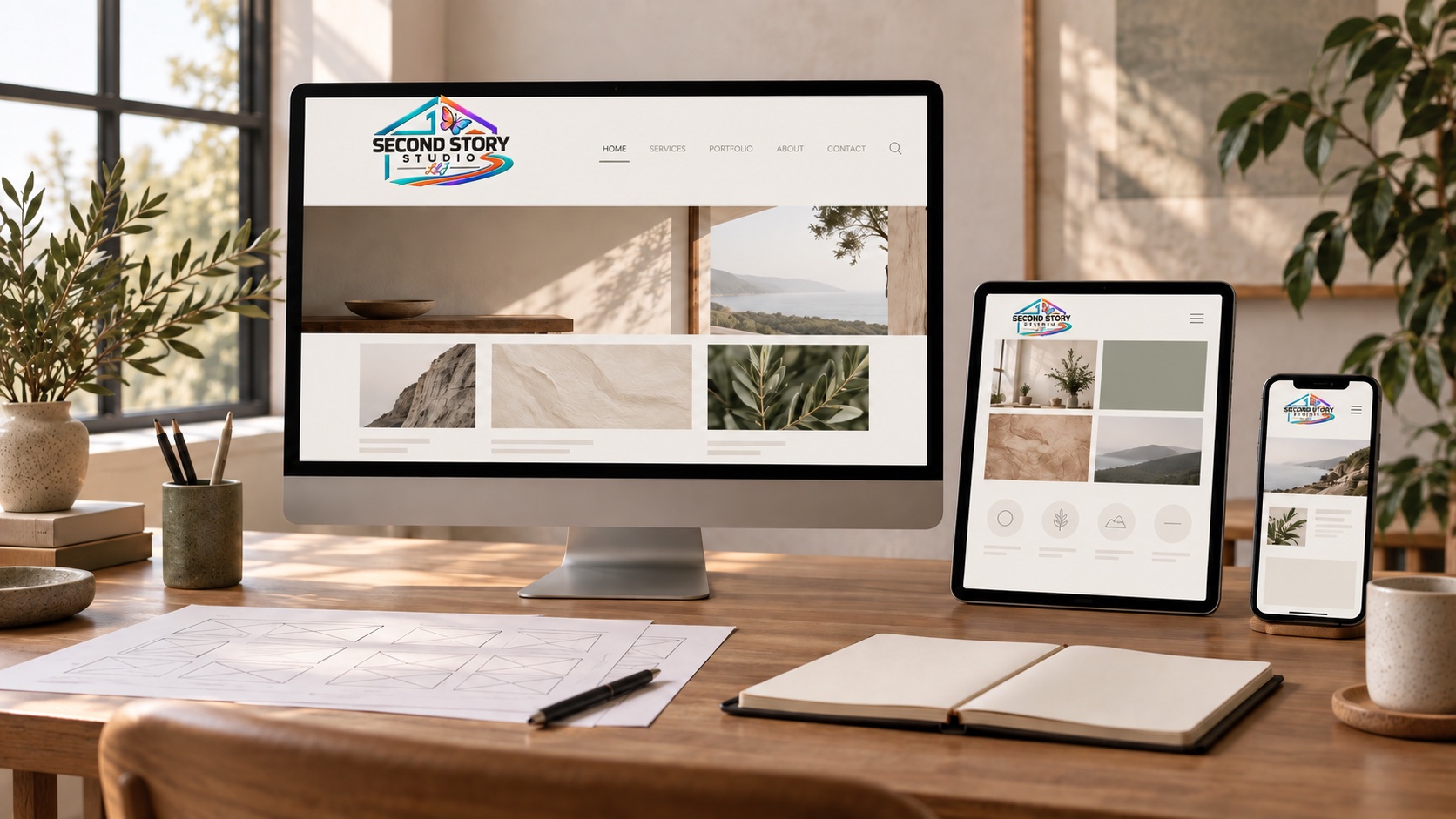 A responsive website shown across desktop, tablet and mobile screens