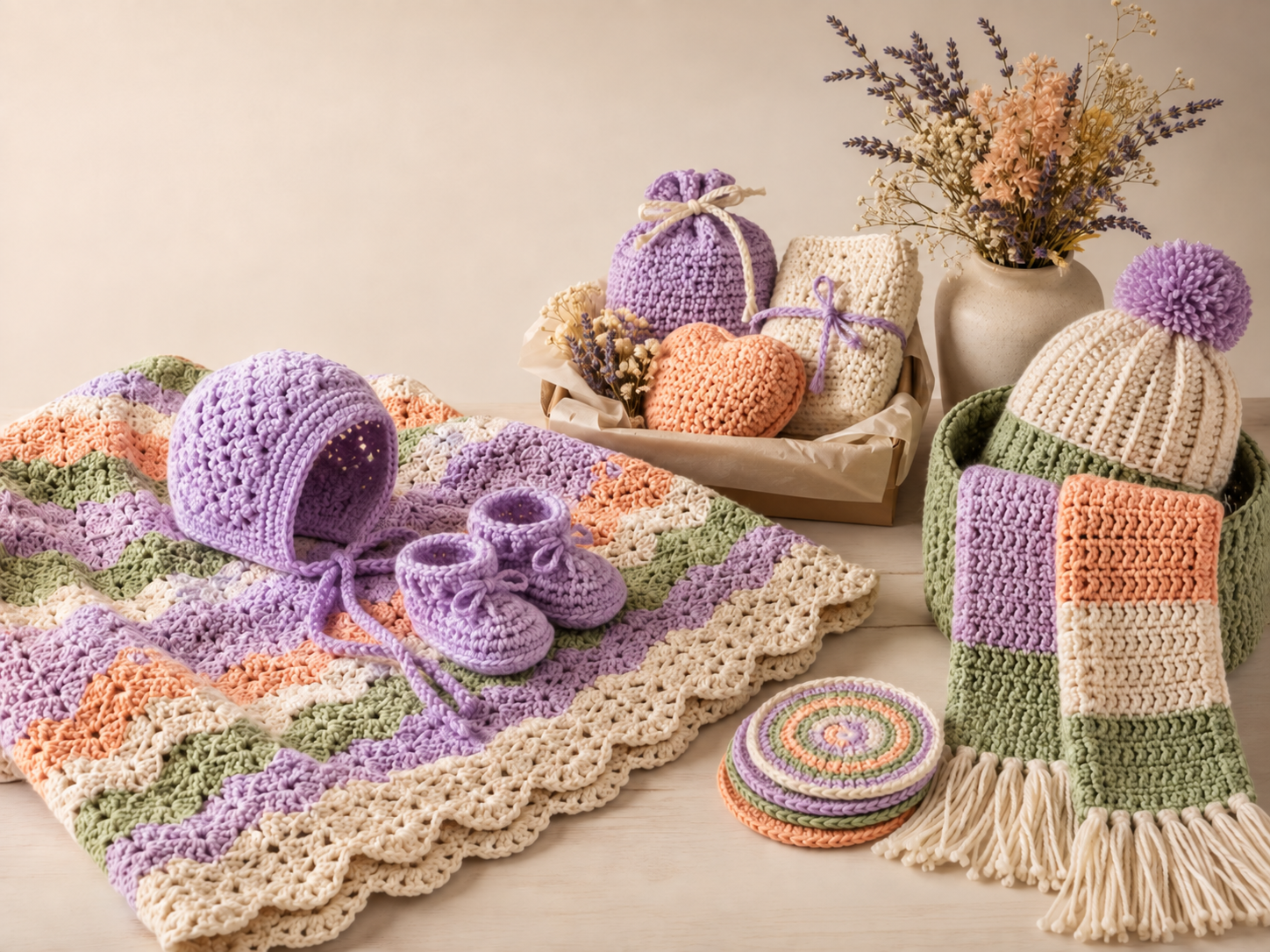 Second Story Studio partner concept showing coordinated crochet baby, gift, home and seasonal sets in matching colours