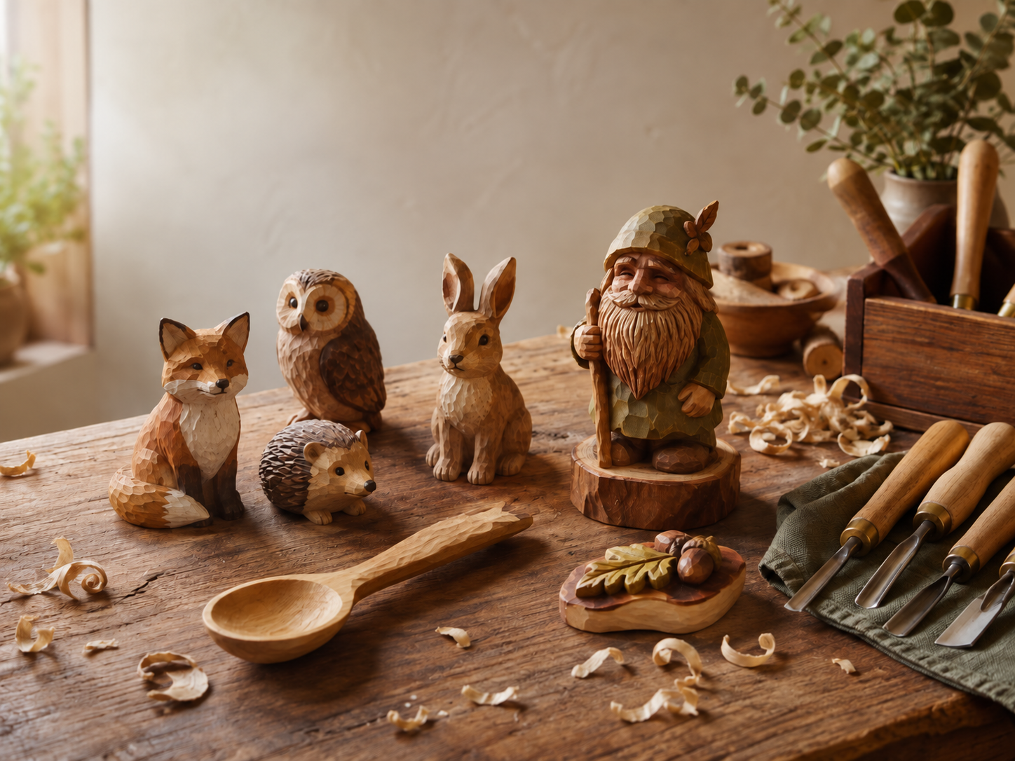 Second Story Studio partner concept showing hand-whittled woodland figures, a carved spoon, tools and wood shavings