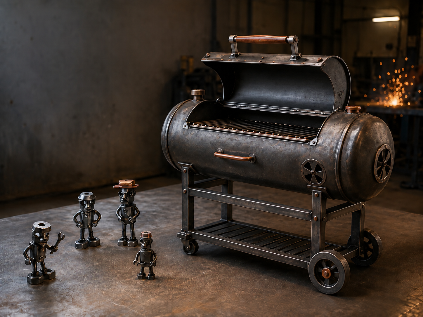 Second Story Studio partner concept showing a bespoke steel barbecue and small bolt figures in a metalworking studio